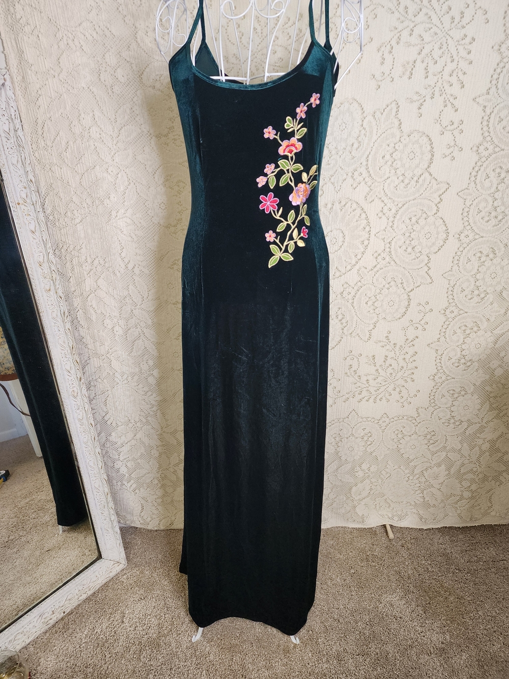 Y2k 90s Adrianna Papell Dark Green Velvet Maxi Dress with Pink Floral Embroidery